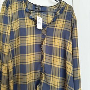 Ann Taylor Factory Navy and Mustard Plaid Top